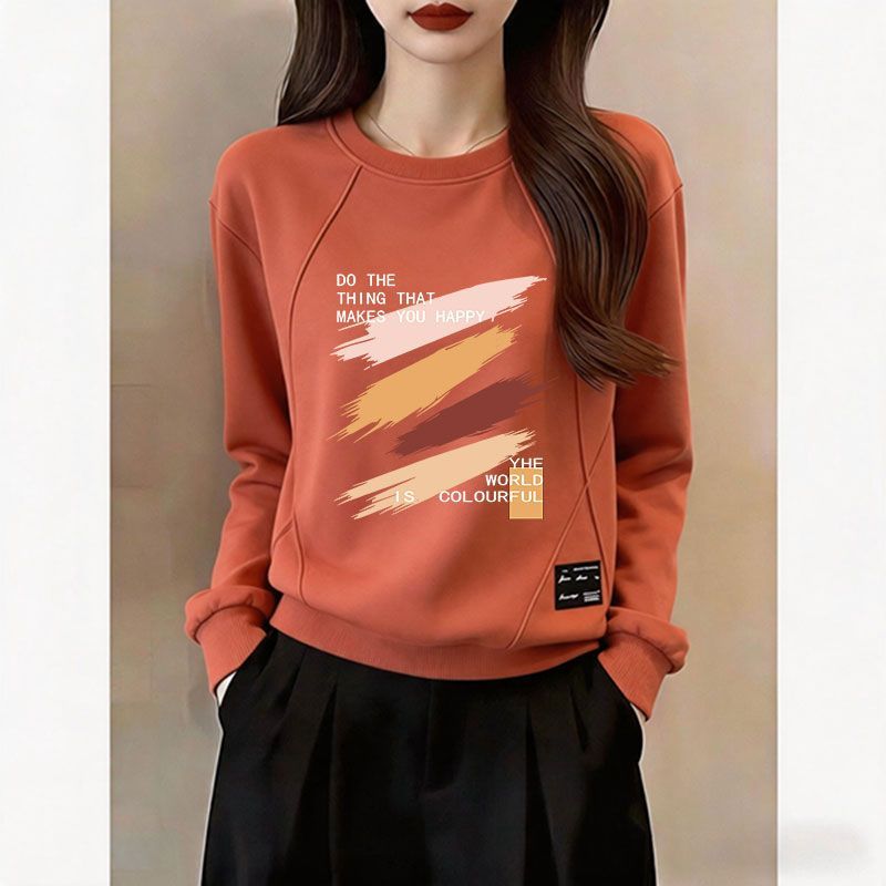 珠地棉圆领长袖印花大码女卫衣
