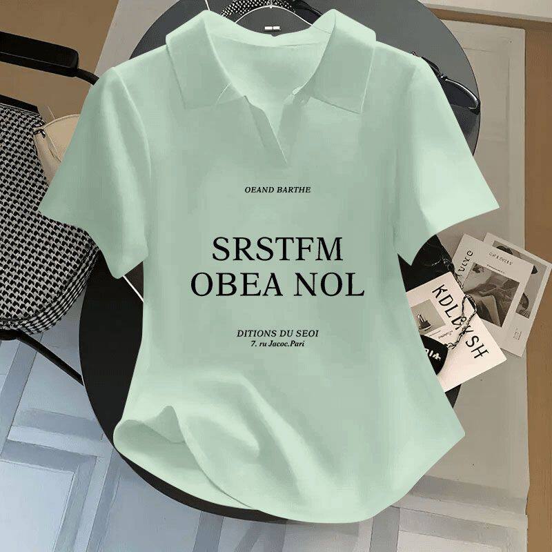 夏季纯棉女士短袖t恤大码洋气潮流韩版时尚polo衫弧形下摆上衣ins