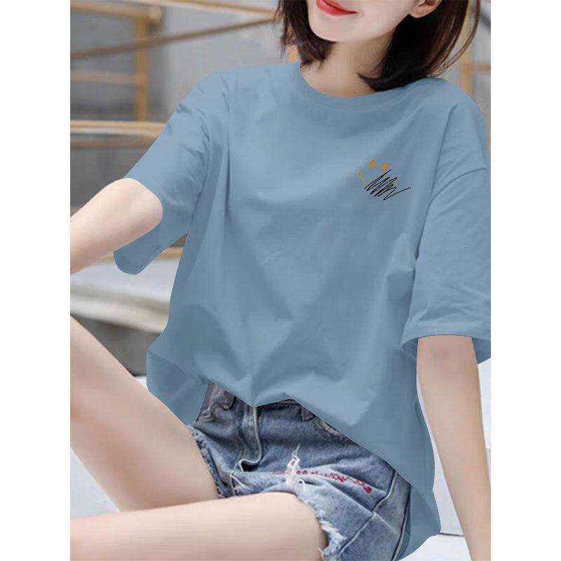 100%纯棉短袖T恤女款夏季爆款圆领时尚百搭气质休闲中长款上衣ins