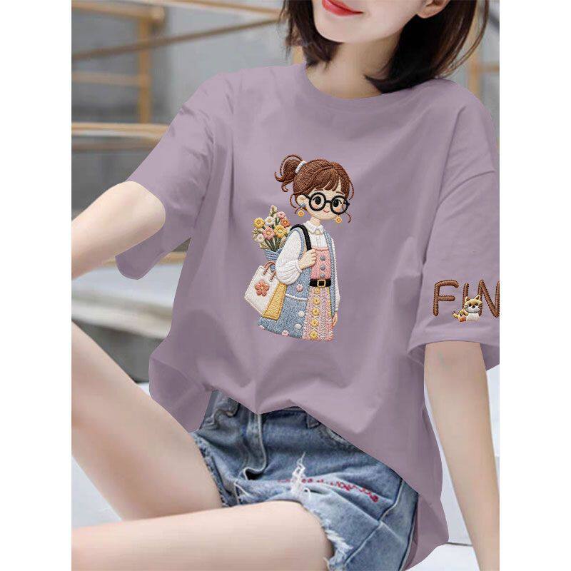 新款纯棉短袖T恤女款夏季大码休闲中长款百搭圆领韩版印花上衣ins