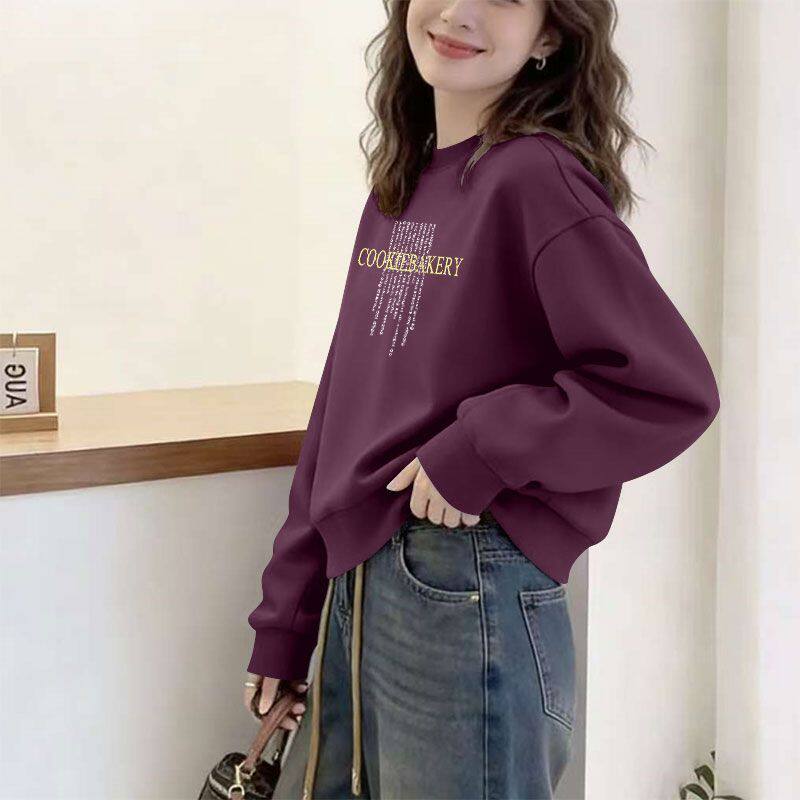 高腰短款纯棉圆领长袖卫衣女春秋新款大码通勤洋气气质不加绒上衣