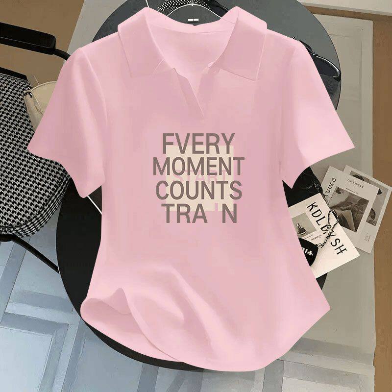 休闲纯棉短袖T恤女夏季爆款翻领大码潮流polo衫弧形下摆上衣服ins