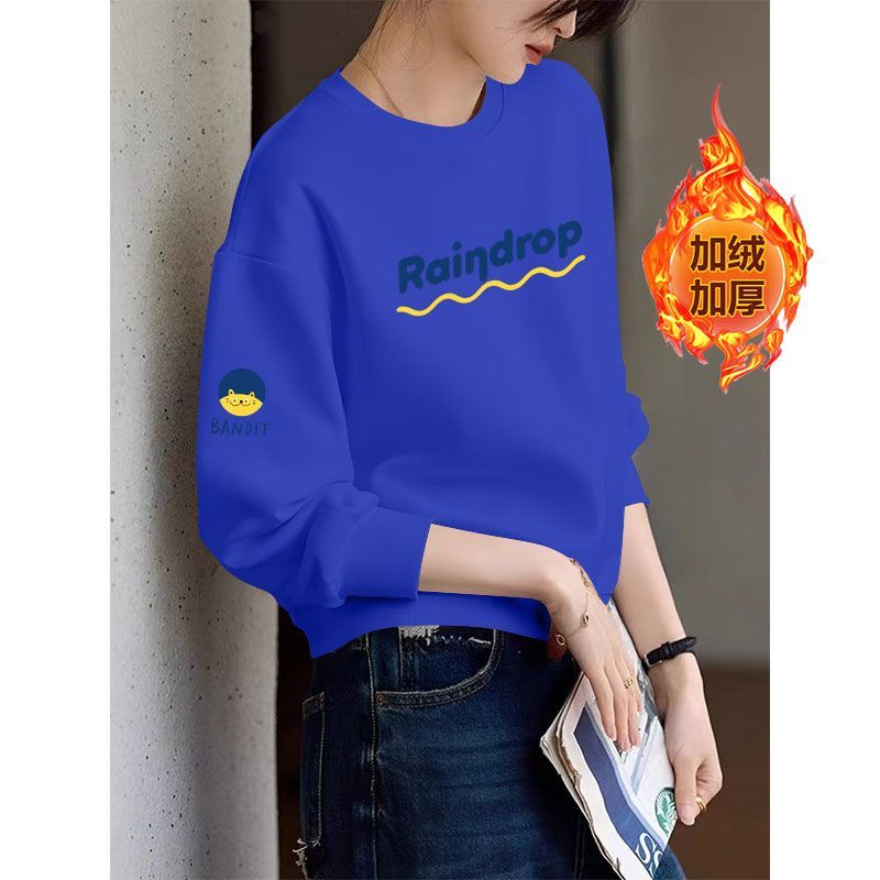 通勤纯棉加绒长袖卫衣女秋冬新款圆领加绒加厚大码潮流印花上衣女