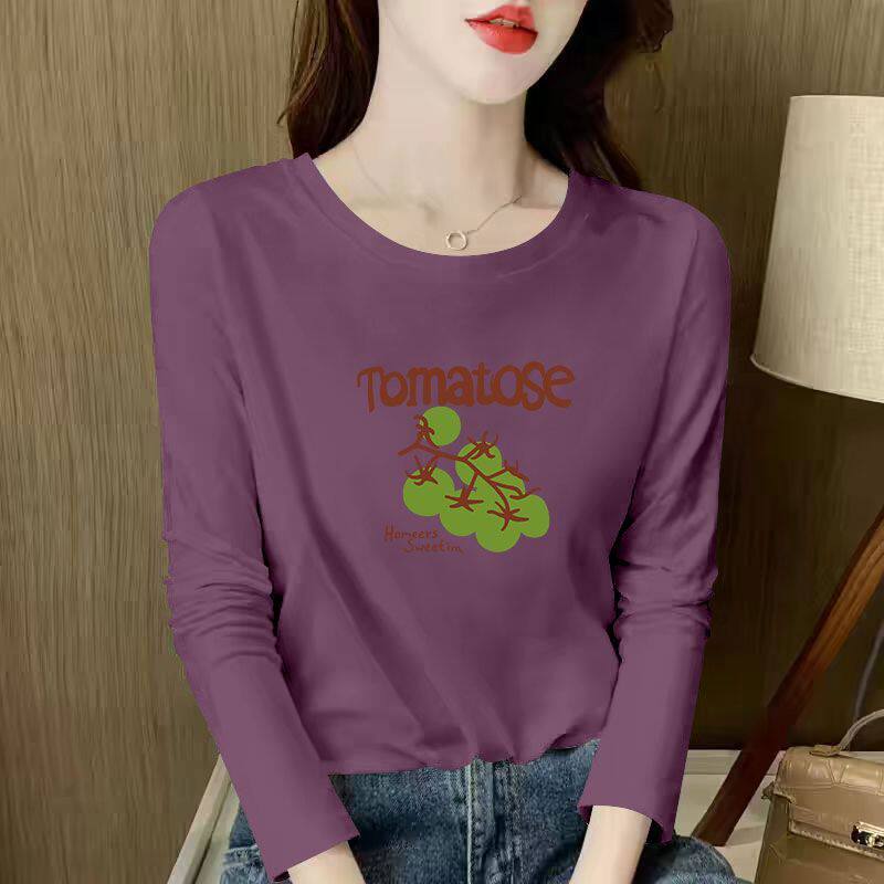 通勤100%纯棉圆领长袖T恤女春秋爆款气质圆领简约洋气大码上衣ins