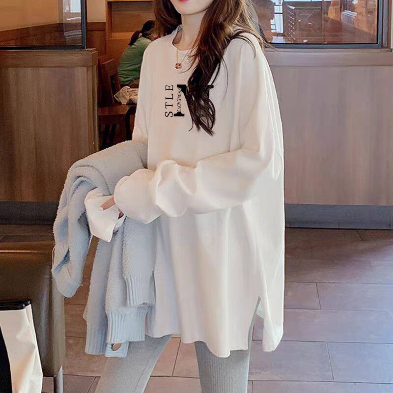 百搭纯棉百搭长袖t恤女新款秋冬印花潮流大码加绒中长款上衣女ins