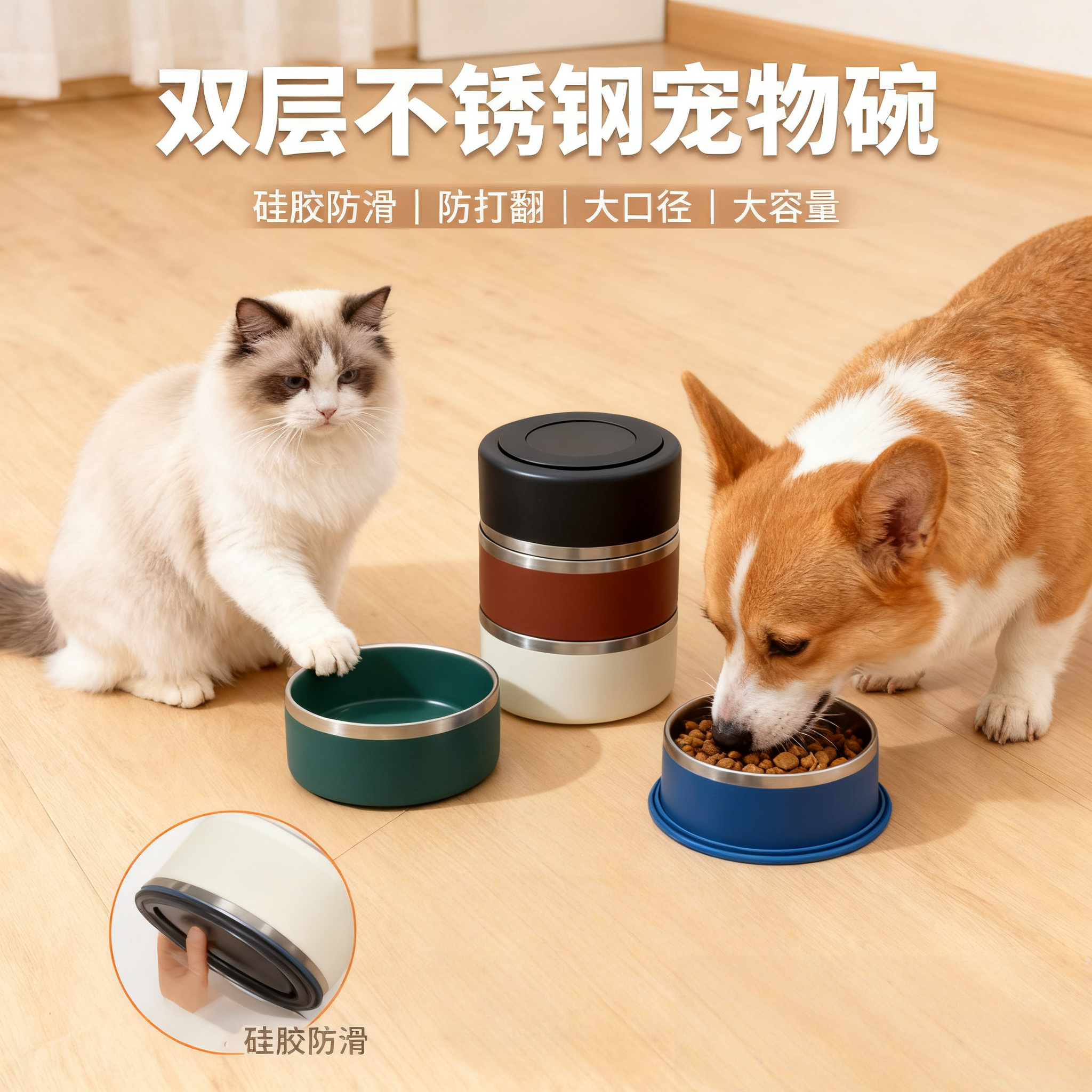 304不锈钢双层加厚猫碗狗碗防滑耐摔狗粮盆不易打翻宠物碗大口径