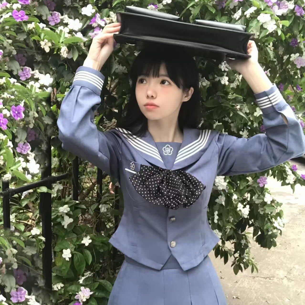 梗豆物语 水玉熊本蓝水手服中间服显瘦JK制服学院波点
