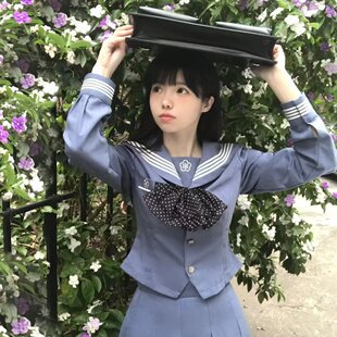 梗豆物语 水玉熊本蓝水手服中间服显瘦JK制服学院波点
