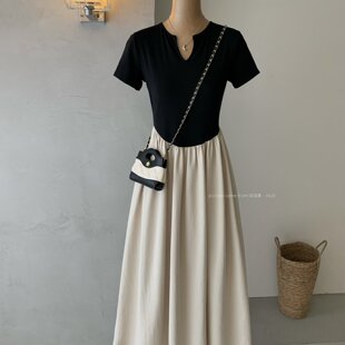 MUKOK 假两件撞色拼接短袖长裙女夏季新款简约气质收腰显瘦连衣裙