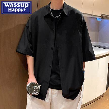 wassup happy黑色短袖衬衫男士夏季薄款港风潮流衬衣宽松休闲外套