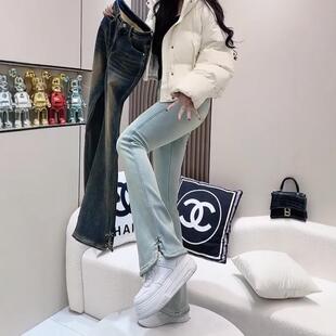 弹力显瘦直筒马蹄裤 女装 2024秋冬新款 大码 百搭复古修身 微喇牛仔裤