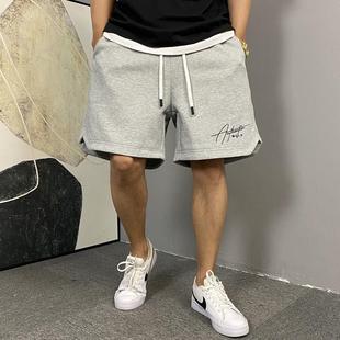 夏季 休閑痞帥重磅刺繡灰色短褲 男寬松潮牌高街運動5五分褲 子 美式