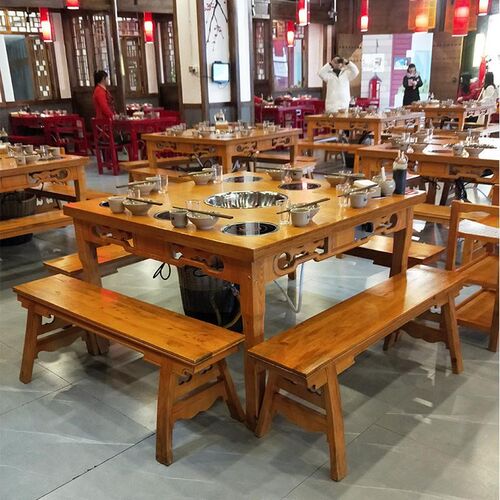 实木大理石岩板火锅桌饭店桌椅火锅桌子电磁炉一体烟家商用