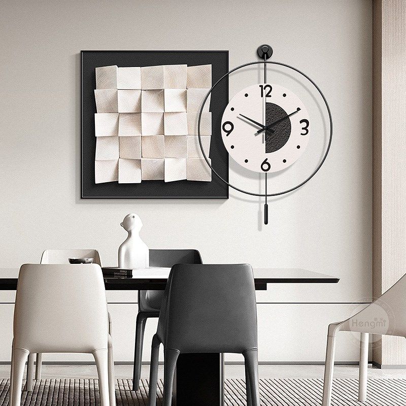 抽象几何餐厅装饰画带挂钟极简高级感客厅挂画大气饭厅墙壁灯画