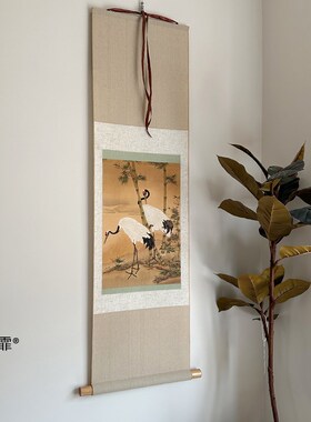 桔子格调竹鹤图宣和裱新复古装饰画茶室书房卷轴挂轴挂画