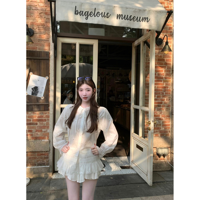 jijilulu积极璐 薄荷海盐 纯色系带衬衫女开衫镂空长袖格子上衣