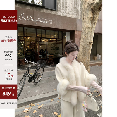 jijilulu积极璐 京洛佳人 狐狸毛100澳洲超细羊毛双面呢贵气外套