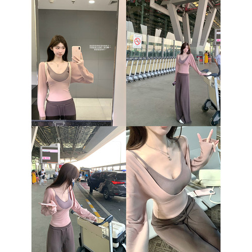 jijilulu积极璐 白女松弛 长袖修身真两件吊带t恤韩味气质穿搭感