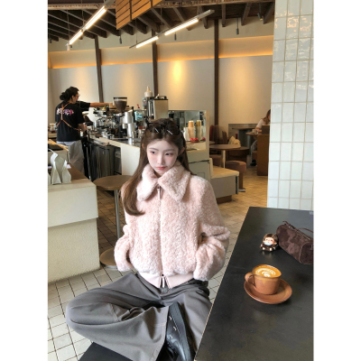 jijilulu积极璐 中古少女 翻领气质短外套温柔少女毛毛保暖显白