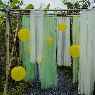 橙绿色纱幔新中式环创背景网纱布料婚礼影楼场景布置国风扎染挂布