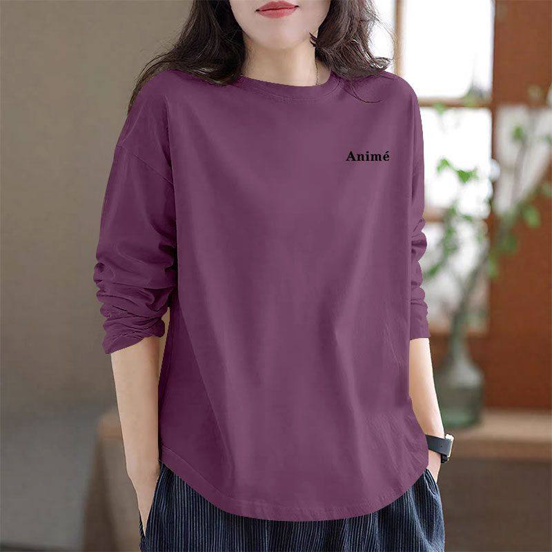 精梳纯棉圆领长袖T恤女秋冬新款大码设计感显瘦高级宽松上衣女ins