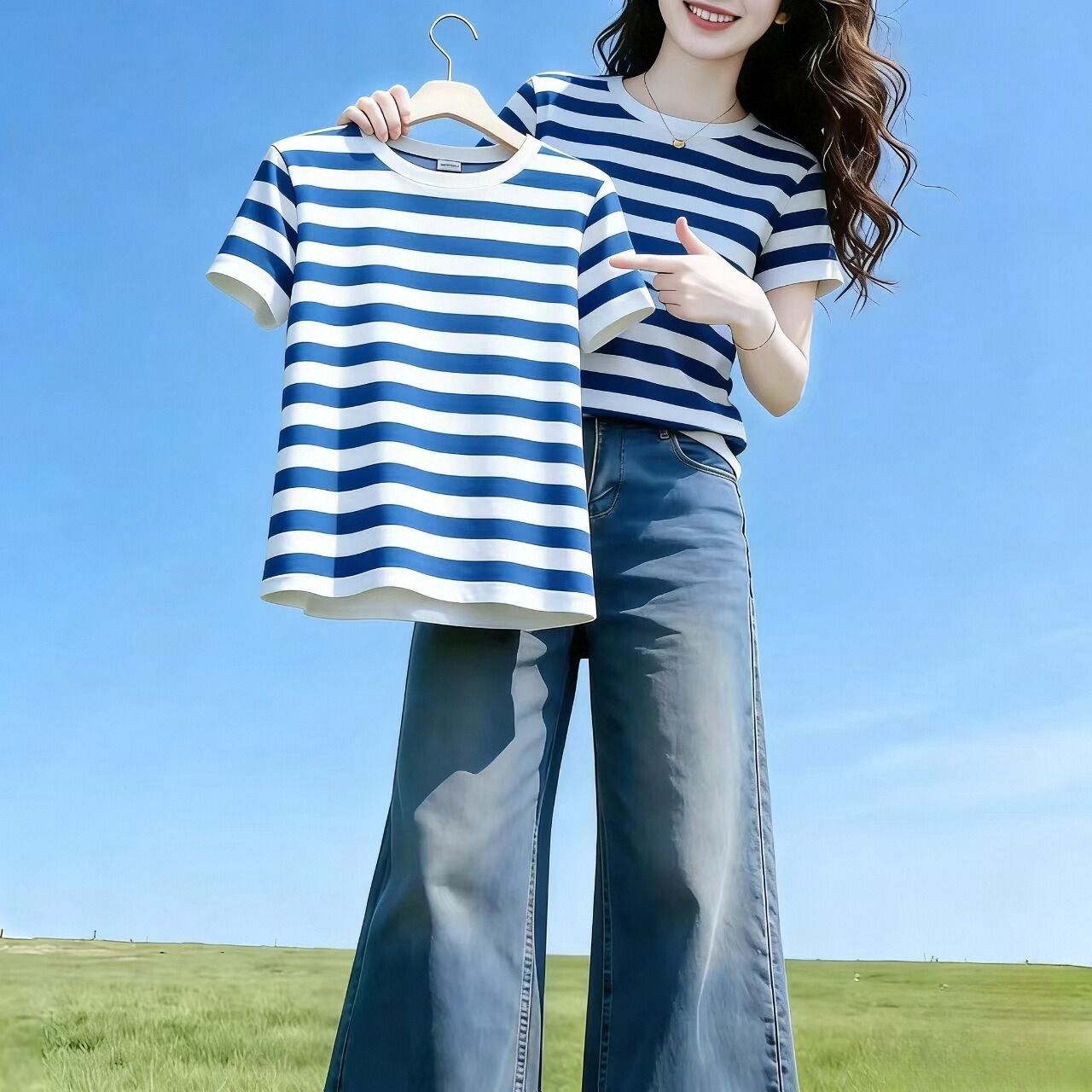夏季蓝白条纹扎染遮肚短袖T恤
