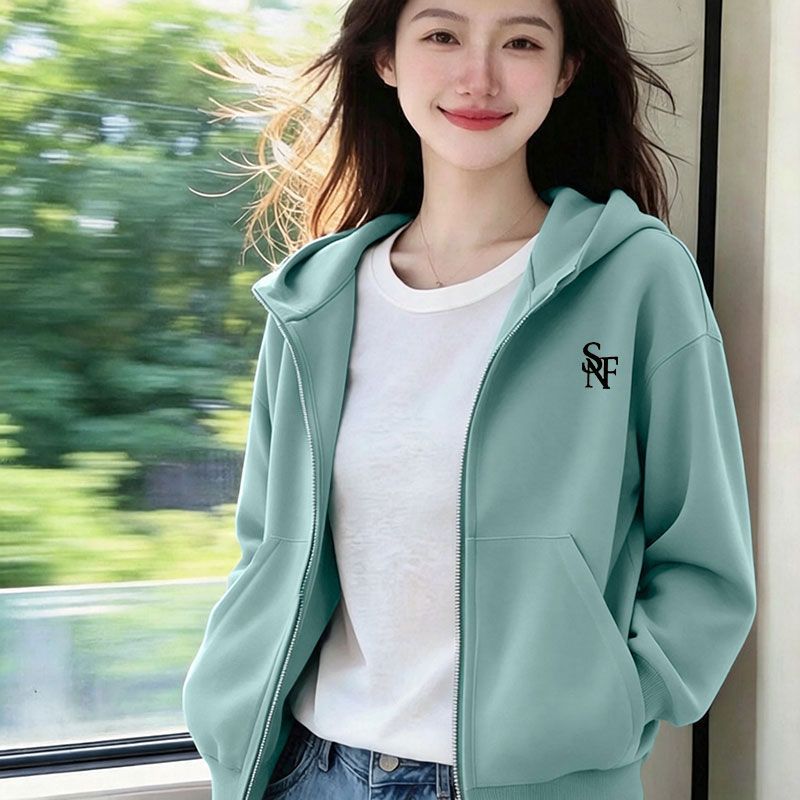 纯棉秋冬连帽开衫卫衣女宽松大码