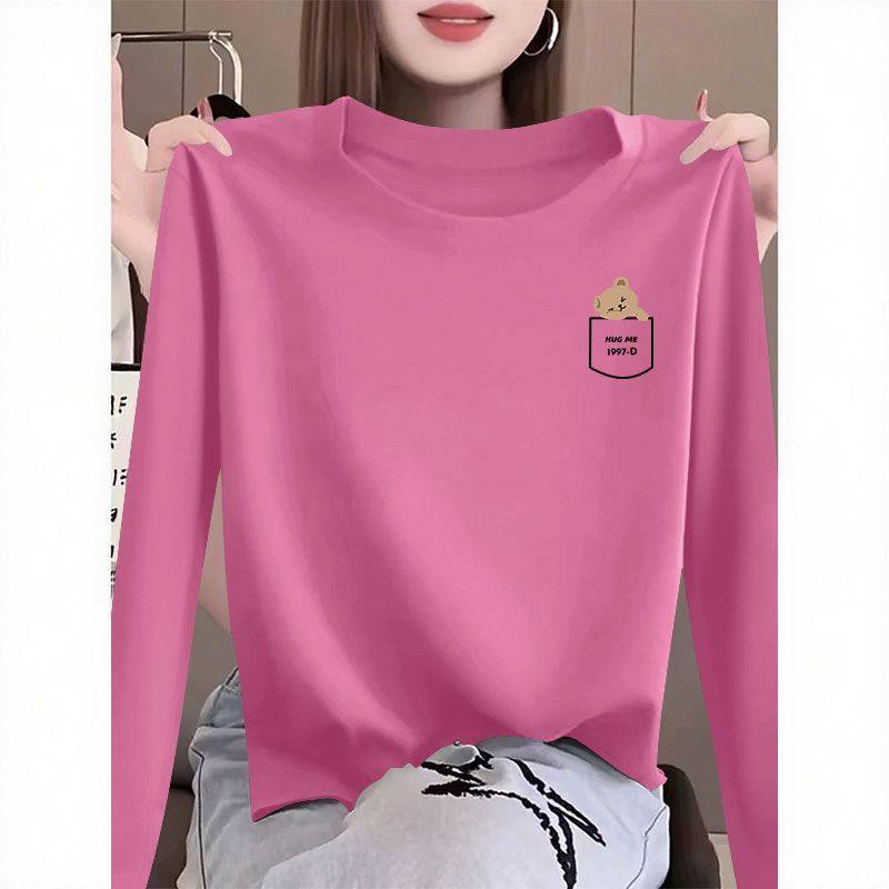 精品纯棉圆领长袖T恤女新款秋冬简约减龄显瘦潮流宽松高级上衣女