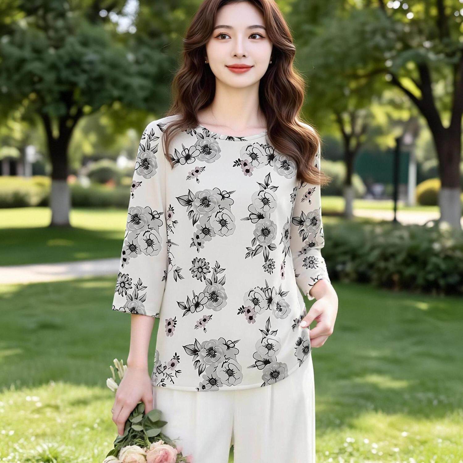 夏季冰丝扎染宽松七分袖T恤女