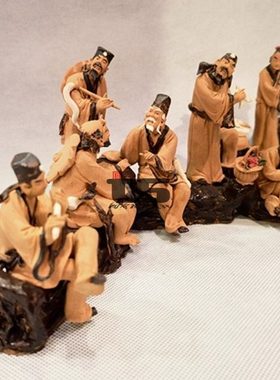 精品树头八仙微雕山公石山盆景园林石湾陶瓷客厅玄关酒柜手工摆件