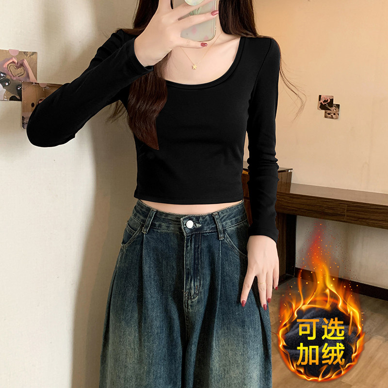 2025新款秋冬季黑色圆领打底衫女内搭纯棉低领小个子短款长袖上衣