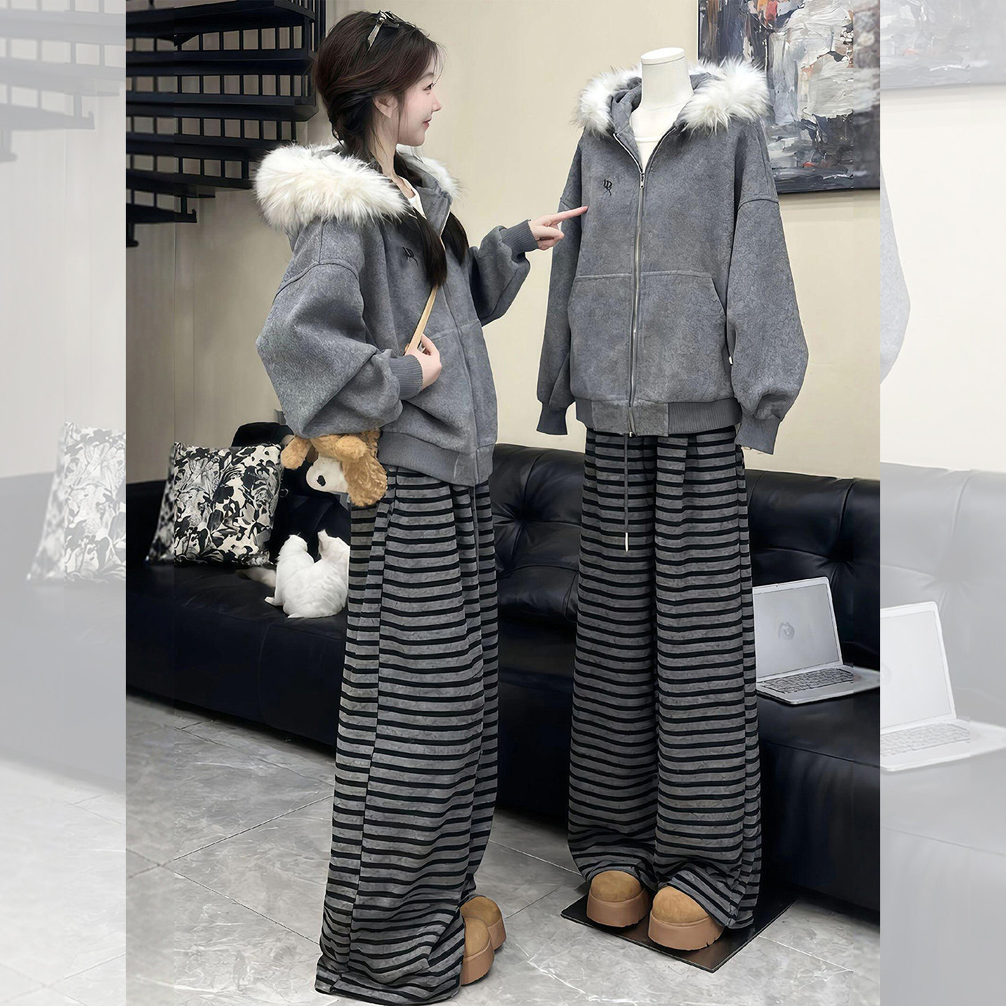 慵懒风灰色毛领连帽拉链开衫卫衣女2025秋冬季慵懒巨好看韩系上衣