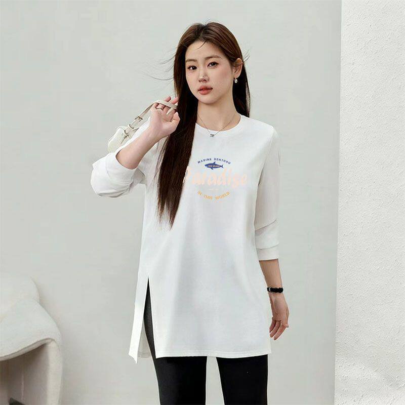 高品质纯棉常规长袖T恤女新款秋冬显瘦休闲遮肉印花大码上衣女ins