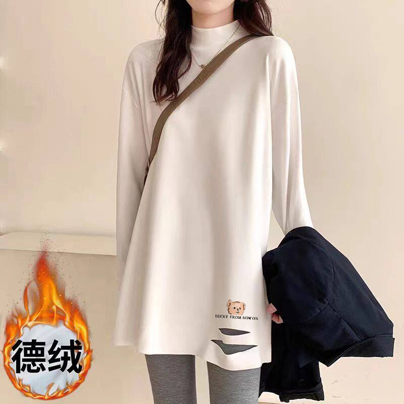 纯棉加绒半高领新款破洞白色打底衫秋冬宽松长袖中长款T恤女上衣