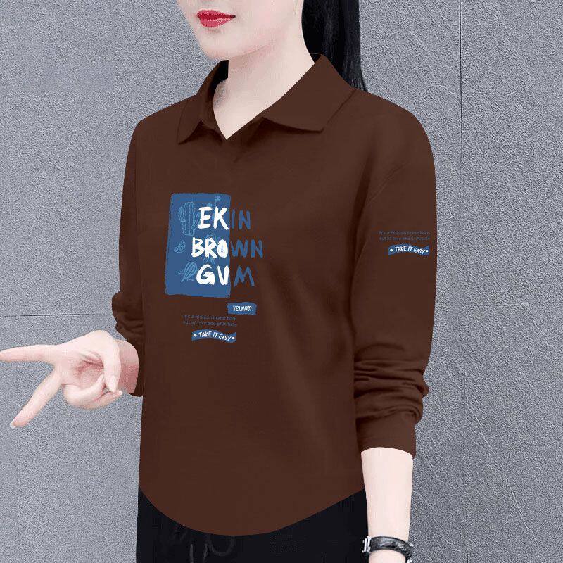 精梳纯棉翻领长袖T恤秋冬女装减龄高级宽松韩版时尚简约上衣女ins