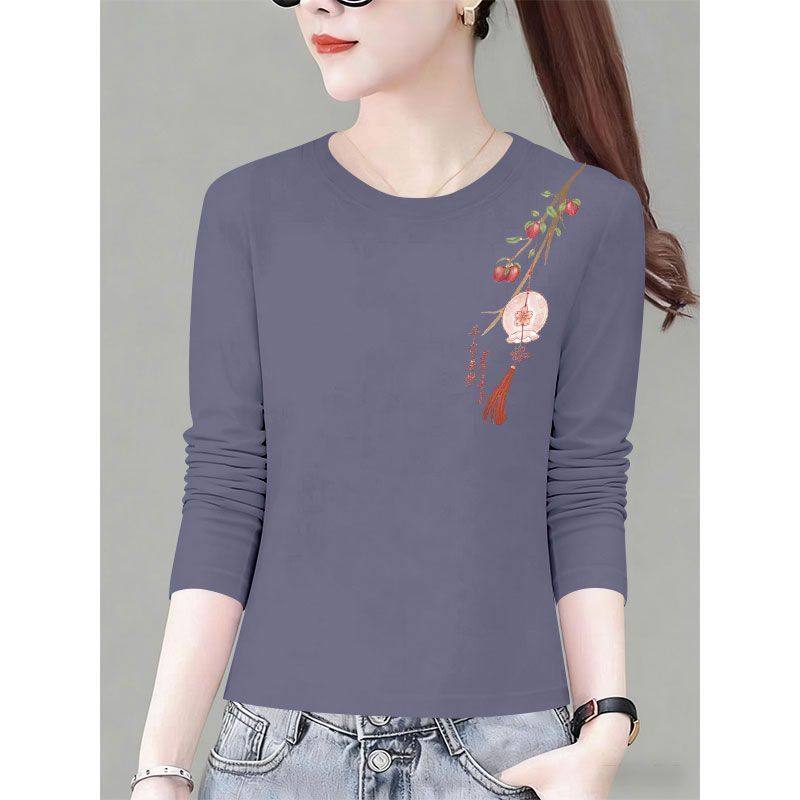 精梳纯棉圆领长袖T恤女秋冬新款休闲高级减龄设计感简约时尚上衣