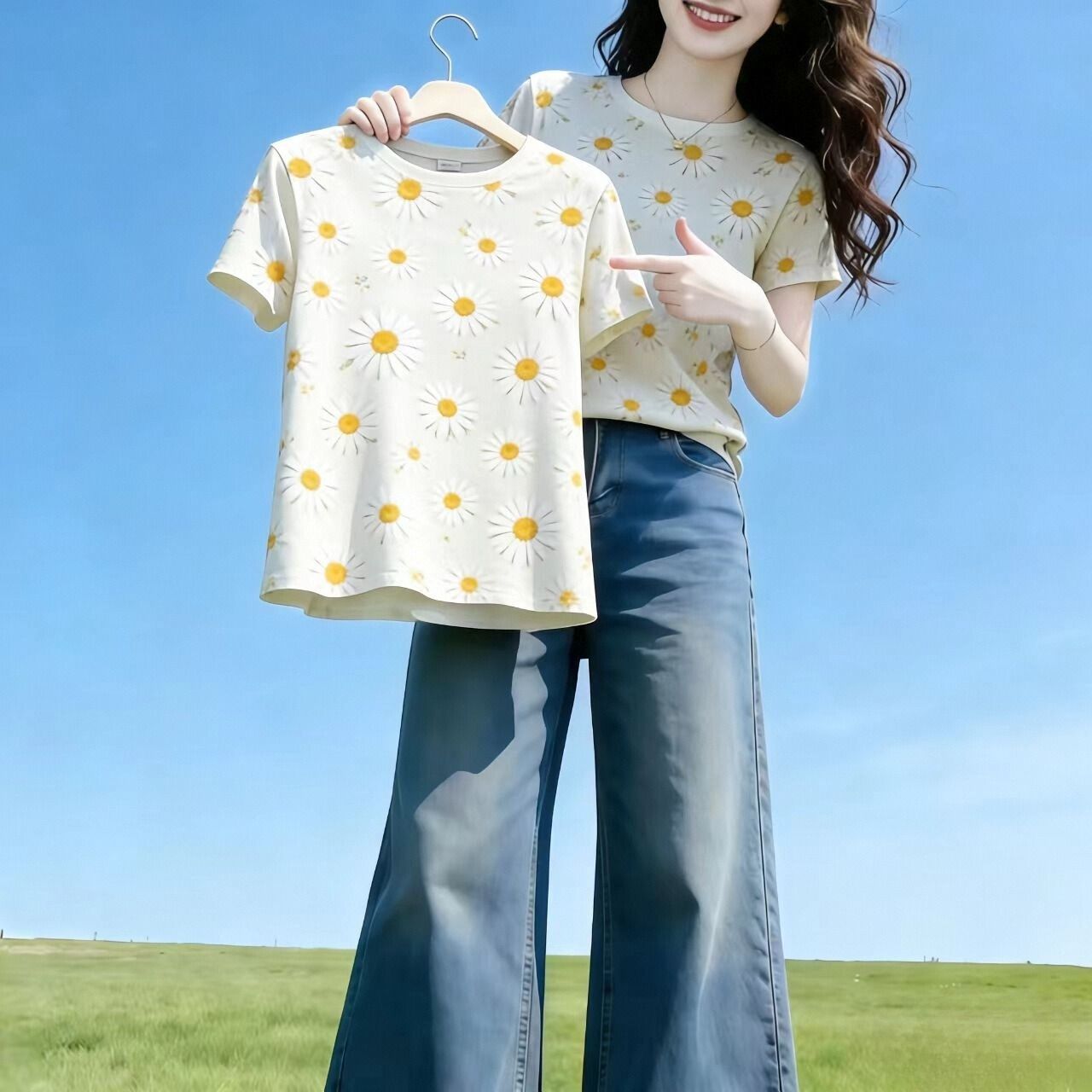 扎染雏菊遮肚减龄短袖T恤女
