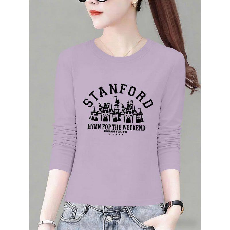 精梳纯棉圆领长袖T恤女秋冬女装显瘦百搭洋气印花高级简约上衣ins