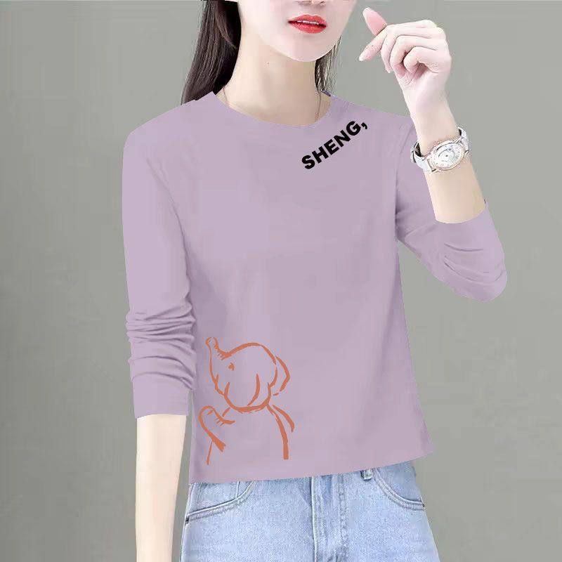 纯棉短款长袖T恤女秋冬新款简约宽松遮肉减龄印花气质上衣ins潮