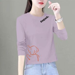 纯棉短款长袖T恤女秋冬新款简约宽松遮肉减龄印花气质上衣ins潮