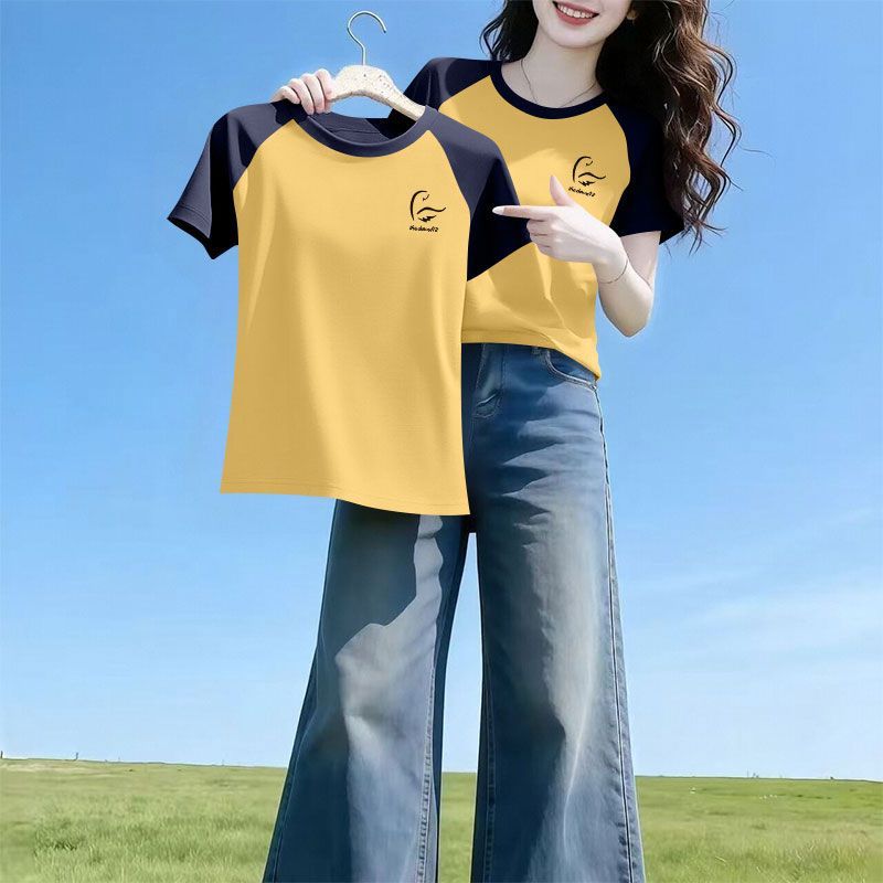 夏季纯棉女士插肩遮肚短袖T恤