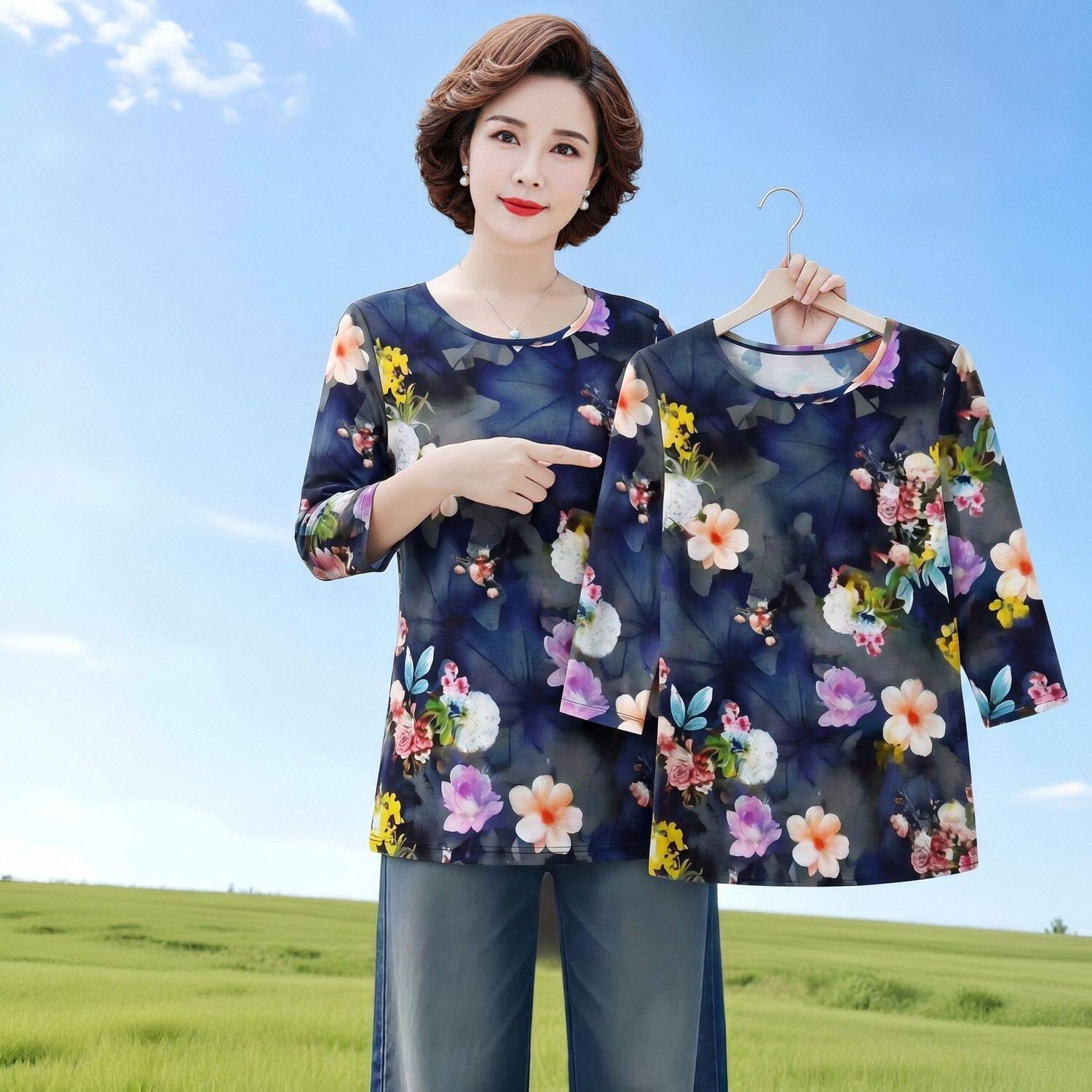 夏季大码宽松薄款印花七分袖T恤