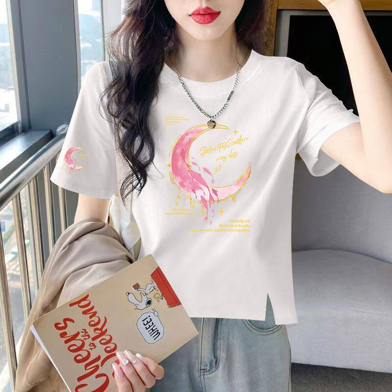 精梳纯棉开叉短袖T恤女夏装新款