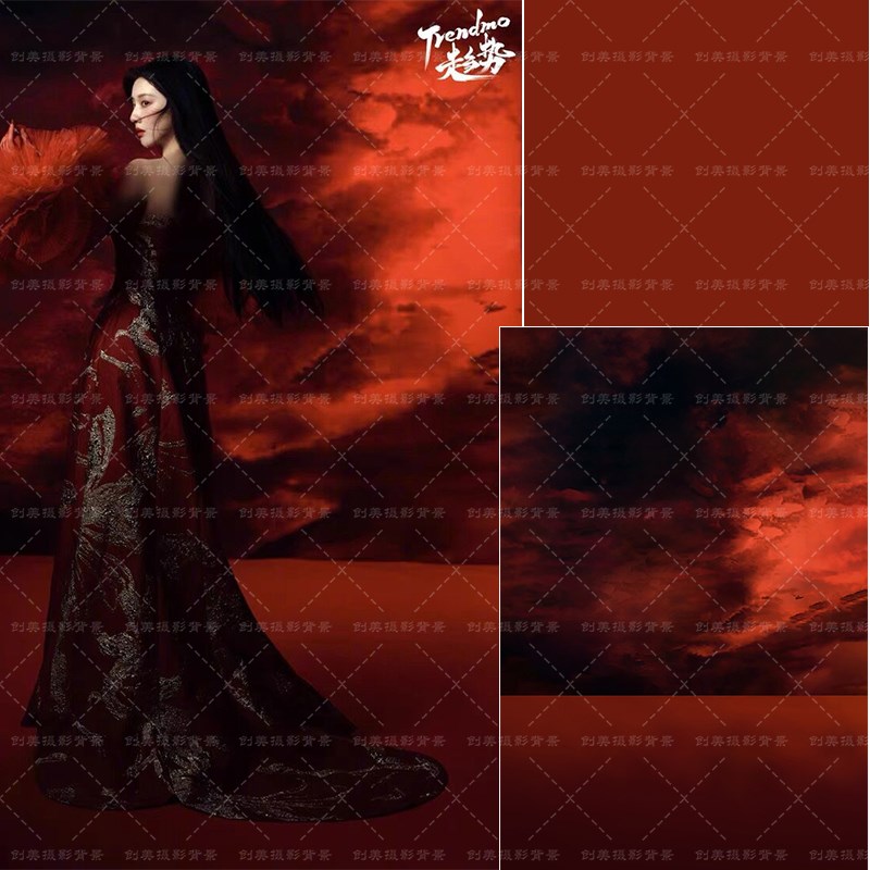 商拍淘宝服饰毕业照喷绘油画布背景影楼红色天空摄影写真背景墙纸