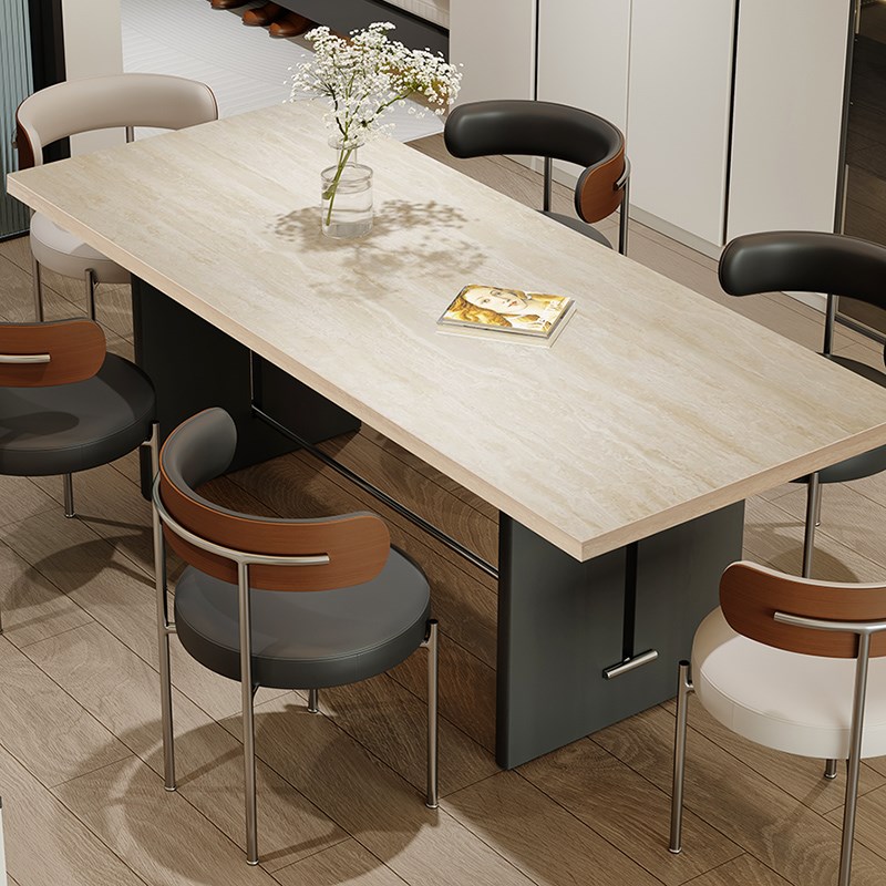 意式中古风加厚洞石岩板餐桌椅小户型复古实木岛台茶桌子