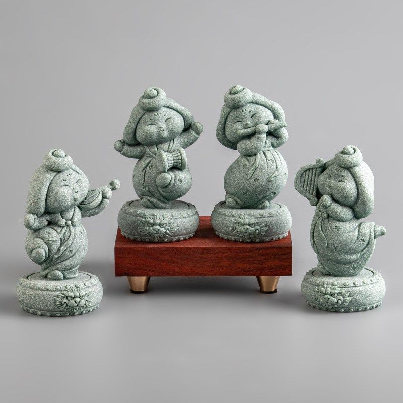 青砂石国潮风中式唐仕女茶几桌面茶玩茶宠园艺鱼缸造景装饰品