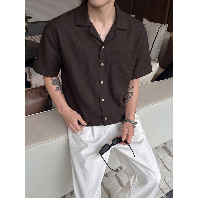 夏季老钱风古巴领仿麻短袖男衬衫图片