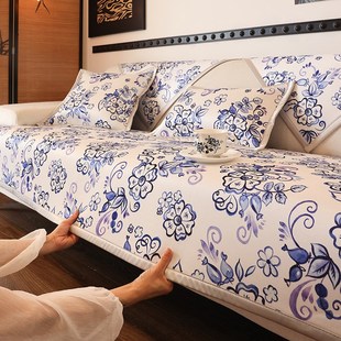 中古风冰丝沙发垫夏季新款防滑皮沙发巾青瓷凉席坐垫子罩