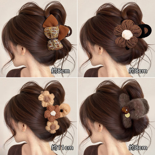秋冬毛绒蝴蝶结抓夹女2025新款高端鲨鱼夹发卡后脑勺中号发夹头饰