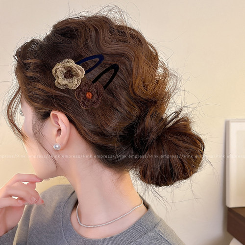 秋冬毛线花朵发夹女侧边bb夹2025新款高端前额刘海夹发卡碎发头饰